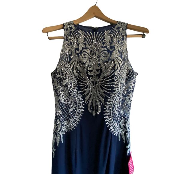 Cachet Navy Blue Rhinestone Beaded Embroidered Long Formal Dress Gown Prom sz 4 - Picture 3 of 13